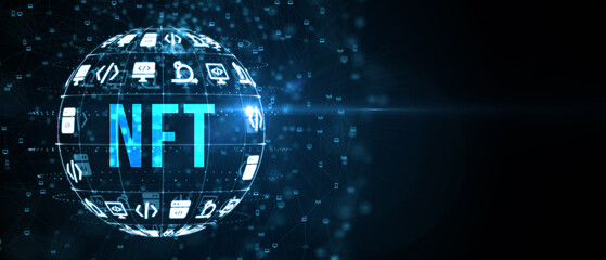 NFT Non-fungible token digital crypto on virtual screen. 3d illustration