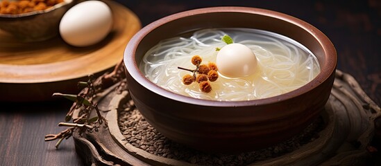 Obraz na płótnie Canvas Bird's nest soup, a healthy dish popular in Hong Kong, Taiwan, China, and Southeast Asia, served in a porcelain bowl with jujube on a dish.