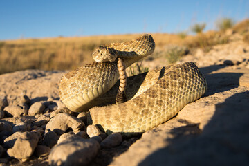 Colorado Prairie Rattlesnake curled up in sun