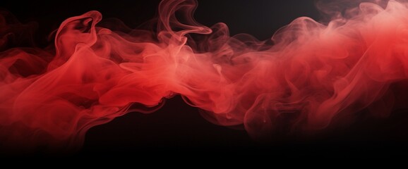 Panoramic view of the abstract fog. Red cloudiness, mist or smog moves on black background. Beautiful swirling smoke. Mockup for your logo. Wide angle horizontal wallpaper or web banner - obrazy, fototapety, plakaty