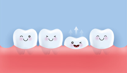 Tooth growing up from gum and other teeth are smiling. teeth for children. dental and dentistry concept for kids hospital. healthy teeth character. cute clean cartoon icon. vector design.