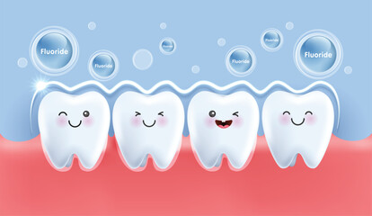 Fluoride shield prevents teeth decay and helps strengthen gums. teeth character for kids. cute dentist mascot for medical apps, websites and hospital. vector design. - obrazy, fototapety, plakaty