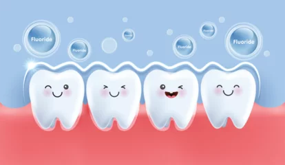 Fotobehang Fluoride shield prevents teeth decay and helps strengthen gums. teeth character for kids. cute dentist mascot for medical apps, websites and hospital. vector design. © TripleP Studio