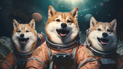 Portrait of Shiba dogs as astronauts in space
