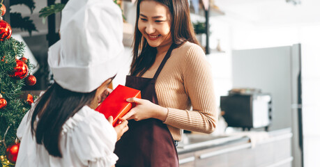 Mother giving present to her child on christmas celebration at home