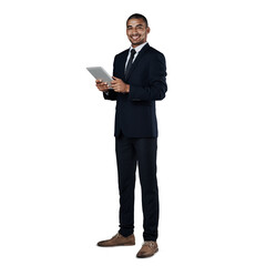 Businessman, portrait and tablet with smile for confident, online and internet search in corporate. Young man, happy and face by touchscreen for technology and isolated on transparent png background
