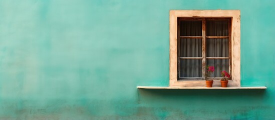 Pop art concept with Greek style window on trendy green and turquoise concrete wall featuring old...