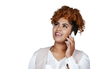 Businesswoman, thinking and phone call for idea with conversation for future, planning or retirement. Female consultant, afro and vision by communication on isolated or transparent png background