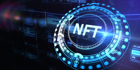 NFT Non-fungible token digital crypto on virtual screen. 3d illustration
