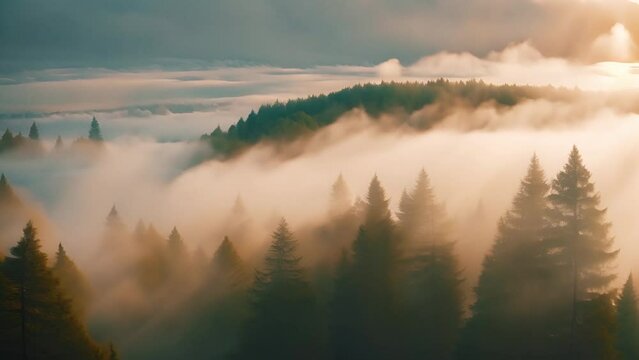 Beautiful forest in fog at sunset. Aerial forest in mountains time lapse. AI generated. Seamless loop