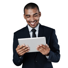 Isolated business man, tablet and happy with reading, thinking and news by transparent png background. Corporate lawyer, digital touchscreen and smile for analysis, ideas or results in investigation