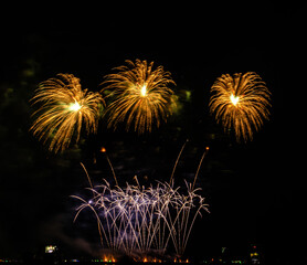 Fireworks show under defocus or blur concepts with isolated black background at night, this...