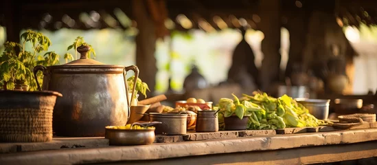 Foto op Canvas Types of utensils for cooking in traditional Asian households in the past particularly in Thai kitchens with a focus on antique bamboo cottage interiors © Vusal