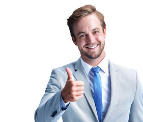 Businessman, smile and thumbs up in portrait, agreement and thank you or isolated on transparent png background. Male person, emoji and icon or face, winner and promote or confidence, yes and great