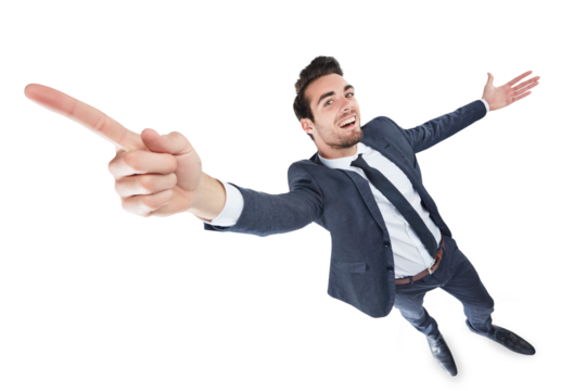 Portrait, stretching and pointing with a business man isolated on transparent background for success. Smile, victory and announcement with an excited young employee on PNG for achievement celebration