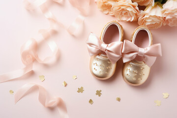 Flat lay concept of cute baby shoes for new born girl baby shower on pink background with space for text