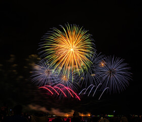 Fireworks show under defocus or blur concepts with isolated black background at night, this...