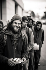 Fototapeta na wymiar A homeless man received free food in a street canteen from volunteers