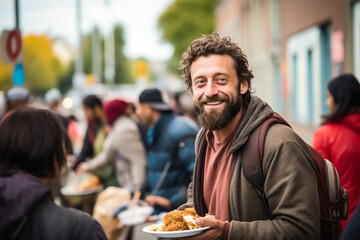 A homeless man received free food in a street canteen from volunteers - obrazy, fototapety, plakaty