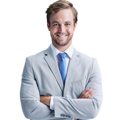 Happy, crossed arms and portrait of young businessman in suit with pride, good and positive attitude. Smile, professional and male person with confident fashion isolated by transparent png background