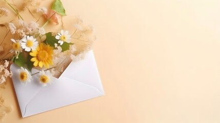 Envelope and beautiful spring flowers on yellow background