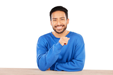 Portrait, smile and casual with a young indian man sitting at a table isolated on a transparent...