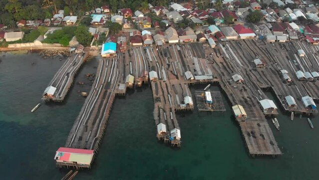 Wide shot of Traditional fishing village at Belitung Indonesia, aerial