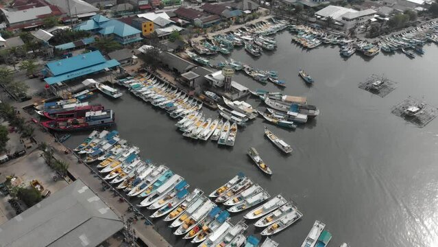 Aerial view of Tanjung pandan Belitung island harbour full of small boats