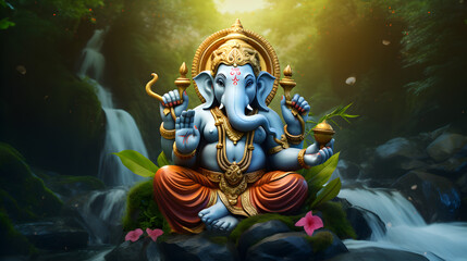 Lord ganesha with background of waterfall