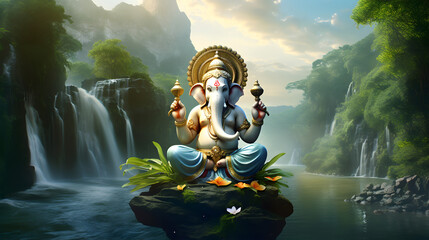 Lord ganesha with background of waterfall - obrazy, fototapety, plakaty