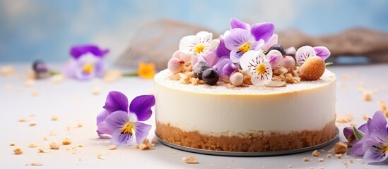 Easter-themed homemade cheesecake with cottage cheese, chocolate eggs, drops, and festive spring embellishments. - obrazy, fototapety, plakaty