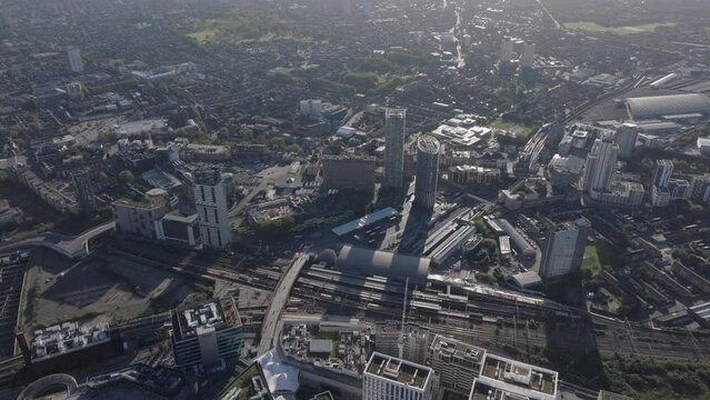 Rising aerial shot over Stratford station