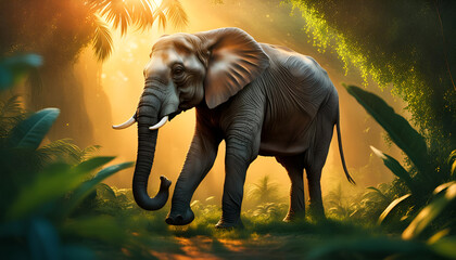 großer afrikanischer Elefant allein mit Elfenbein Stoßzähnen Rüssel, in goldener Stunde im Dschungel, wild lebende Tiere in Afrika ,Savanne Serengeti, Nationalpark, Safari, Kenia Graslandschaft,  - obrazy, fototapety, plakaty
