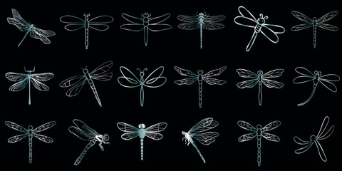 conjunto de ilustração vetorial de libélula desenhada à mão. Designs vibrantes inspirados na natureza, perfeitos para o verão. Arte entomológica cativante, apresentando diversos estilos e cores