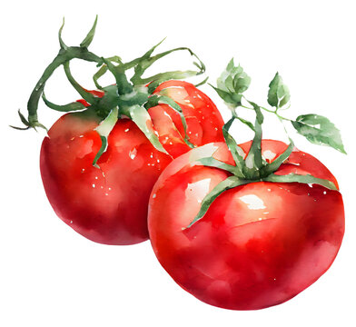 Isolated red tomato on white background, watercolor, food concept