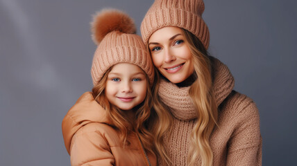 Fototapeta premium Mother and daughter wearing warm winter clothes