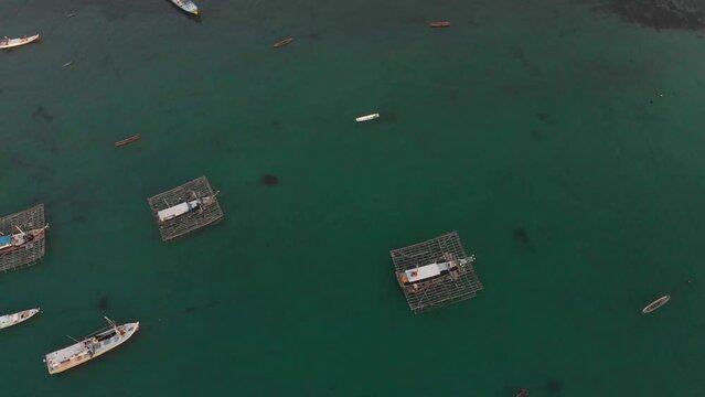 Top down view of traditional fishing boats at Belitung island Indonesia, aerial