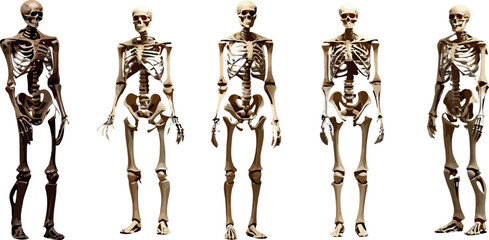 Skeletons, human anatomy vector illustration. Five skeletons in different poses, isolated on white background. Perfect for Halloween, educational, and medical purposes. bones, skull, ribcage, femur - obrazy, fototapety, plakaty