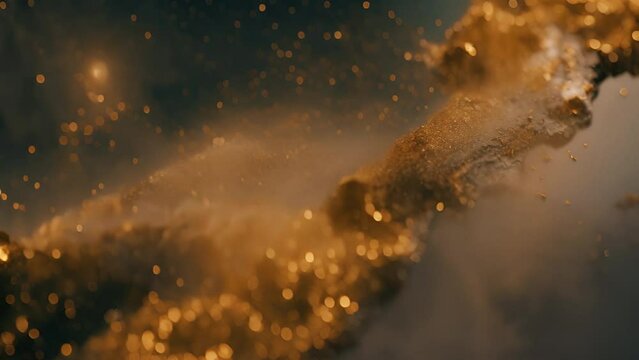 Golden particles flying on dark background. Abstract glamour background. Seamless loop. Digitally generated AI video.