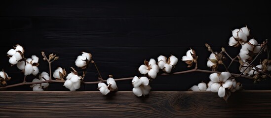 Cotton branch on a dark wood backdrop.