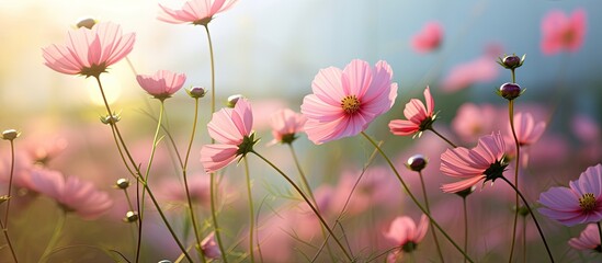 Cosmos flowers in gentle morning light and breeze.