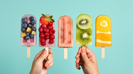 Hand holding different type of colorful fruit popsicle