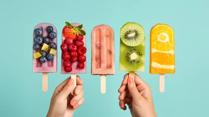Tuinposter Hand holding different type of colorful fruit popsicle © Salman