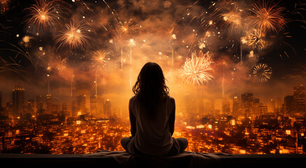 Woman sits in front of a burning firework