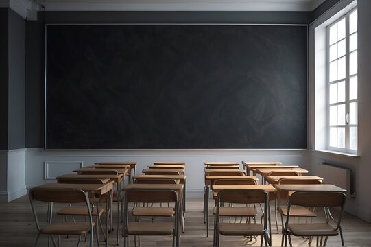 Empty classroom with a clean chalkboard