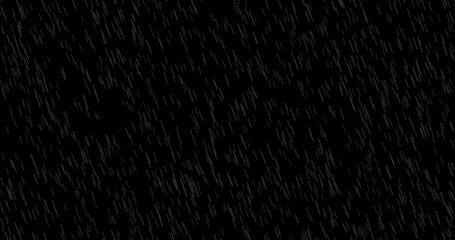 Cinematic Realistic rainfall animation overlay background. Heavy rain storm seamless loop animation. Surreal raindrops falling thunderstorm overlay. Raindrops on black bg.