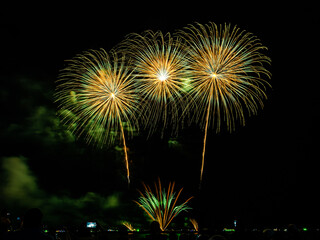 Fireworks show under defocus or blur concepts with isolated black background at night, this celebration is for the International Fireworks Festival in Pattaya on Nov 24-25 in Thailand