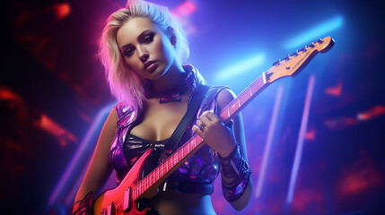 Fototapeta na wymiar A young woman playing her electric guitar while performing in a neon-lit nightclub