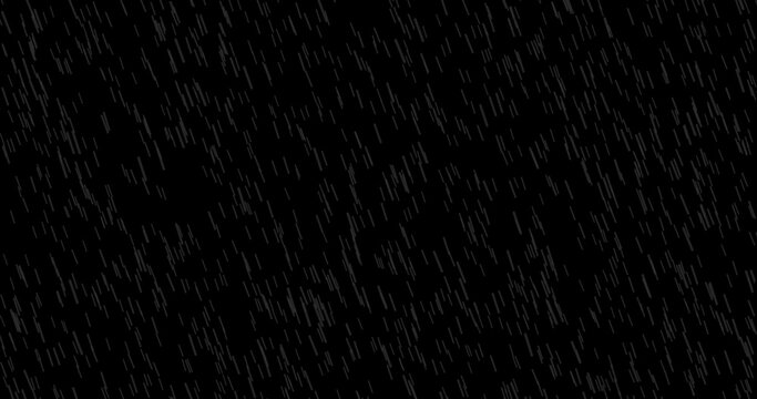 Cinematic Realistic rainfall animation overlay background. Heavy rain storm seamless loop animation. Surreal raindrops falling thunderstorm overlay. Raindrops on black bg.