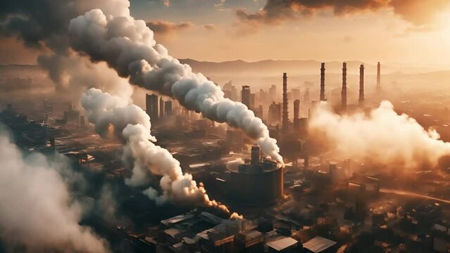 Environmental damage background. Aerial view of industrial area with steaming pipes and exhaustion. Air pollution. Seamless loop. Digitally generated AI video